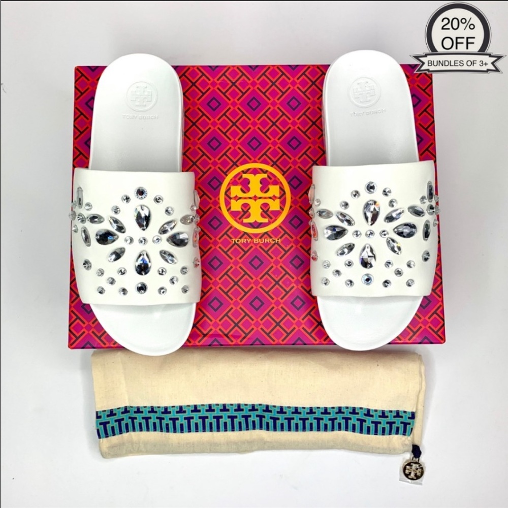 Tory Burch Brae Slides White Jeweled Sandals | 6